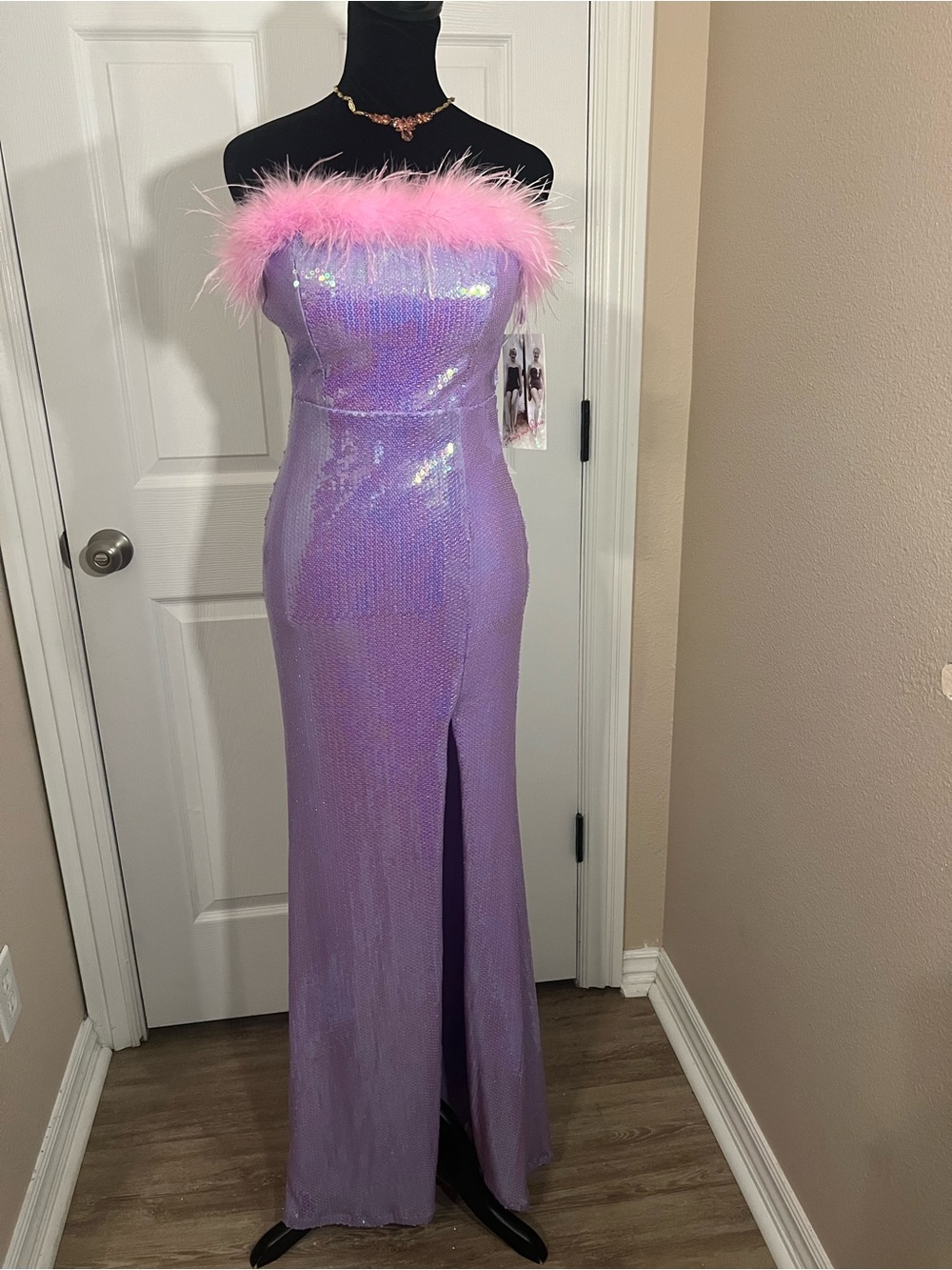 Honey and Rosie Strapless Lavender Sequin Costume Gown with Pink Feather Trim